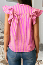 Stripe Split Neck Ruffled Summer Blouse