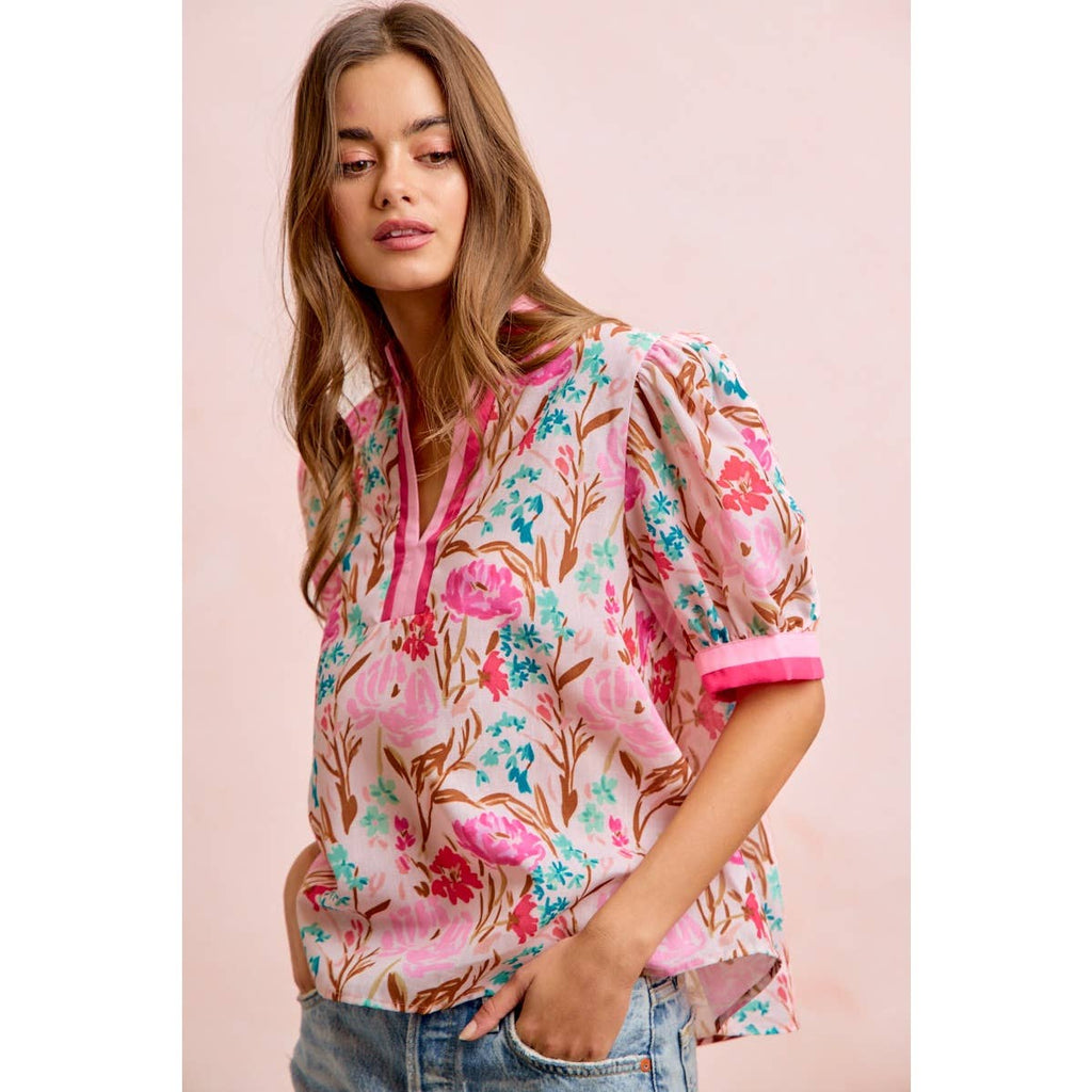 Flower Printed Woven Contrast Top