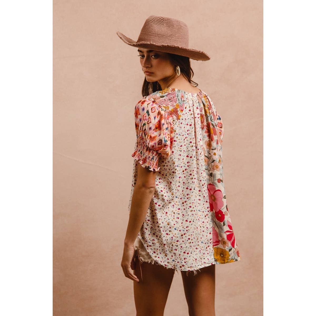 Woven Mixed Print Peasant Top