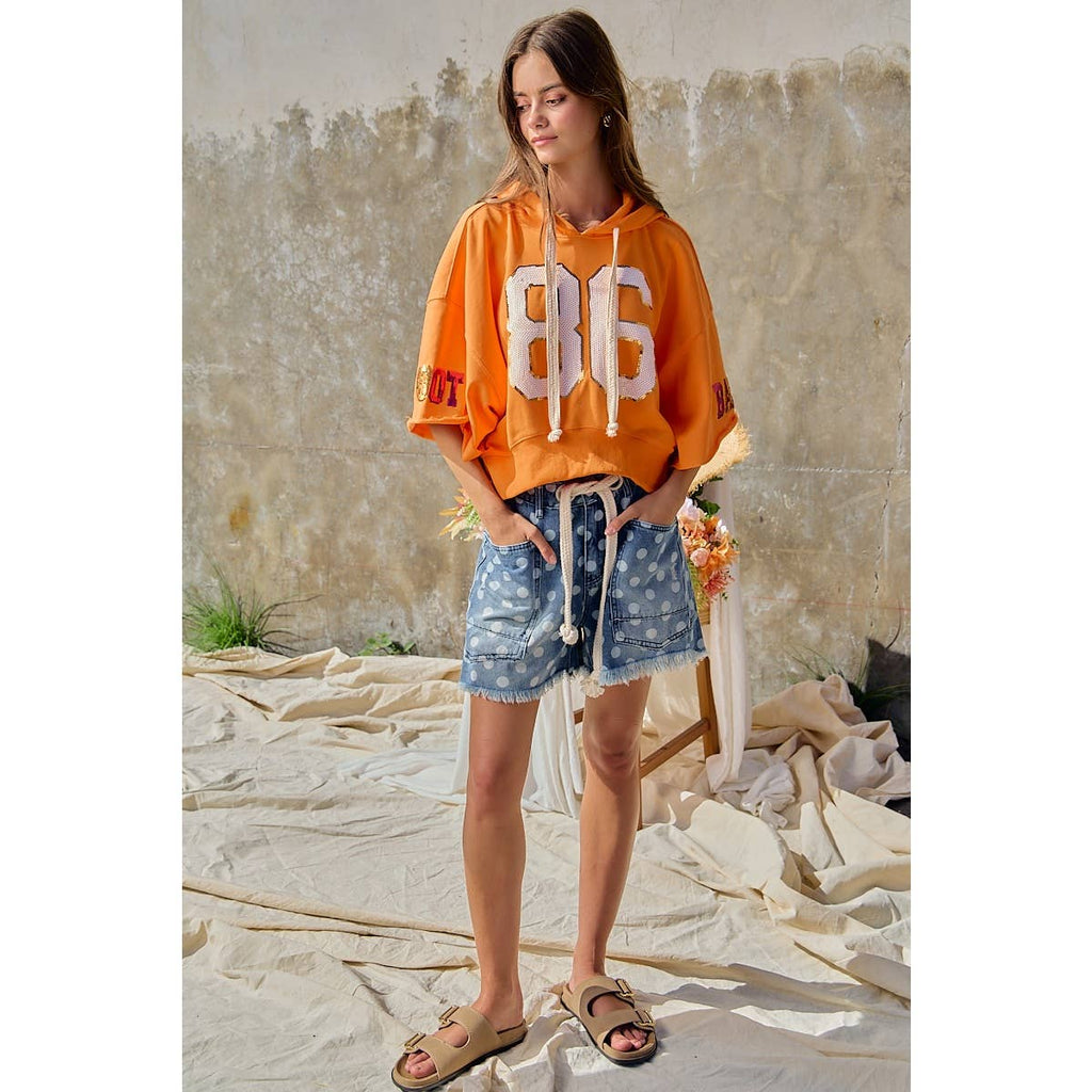 Polka Dot Printed Denim Shorts With Belt