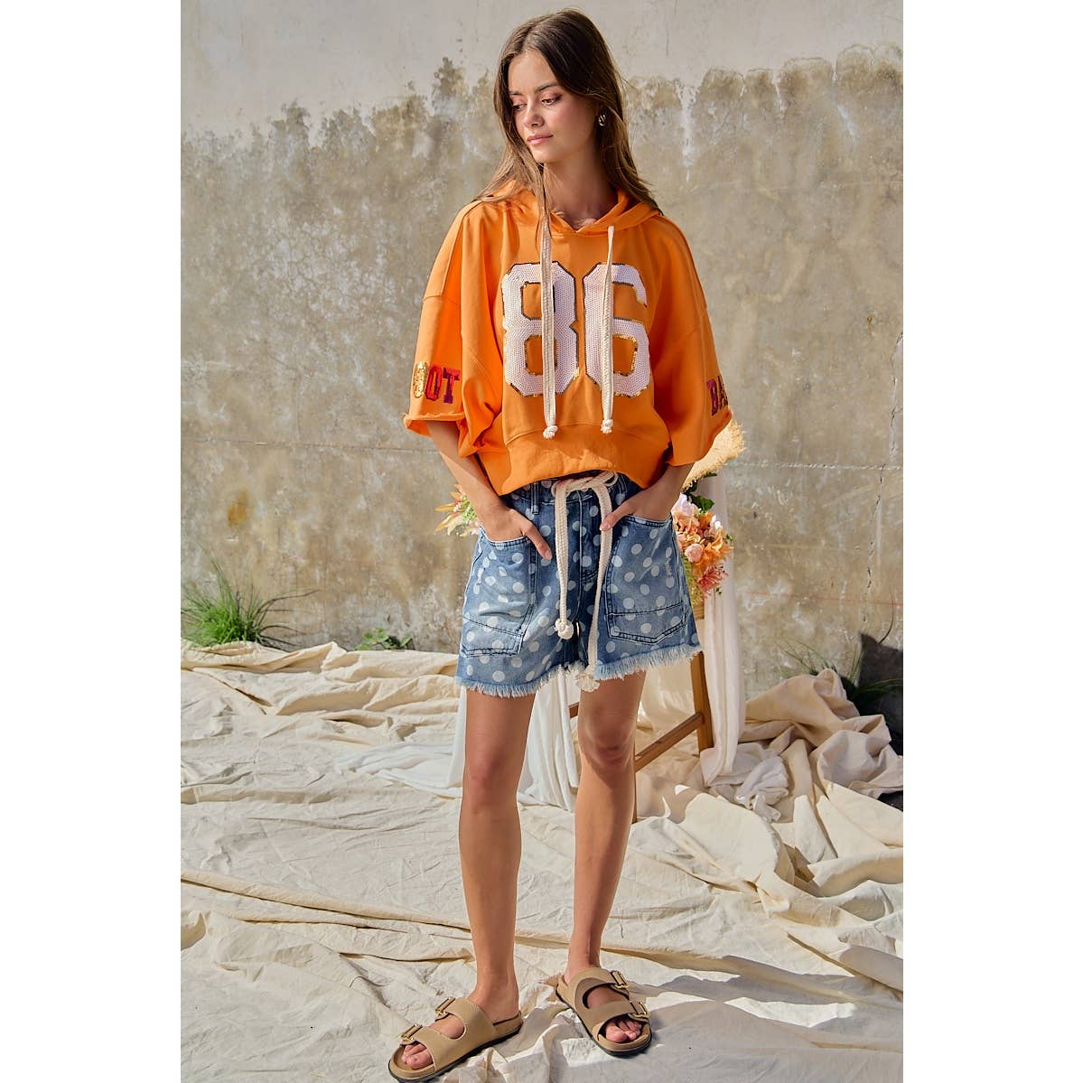 Polka Dot Printed Denim Shorts With Belt