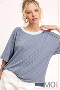 Basic Striped Drop Shoulder Short Sleeves Top