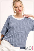 Basic Striped Drop Shoulder Short Sleeves Top