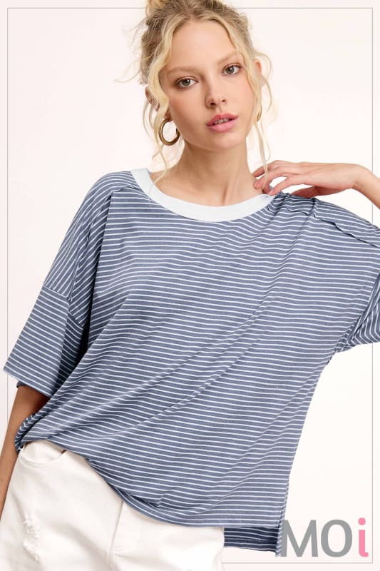 Basic Striped Drop Shoulder Short Sleeves Top