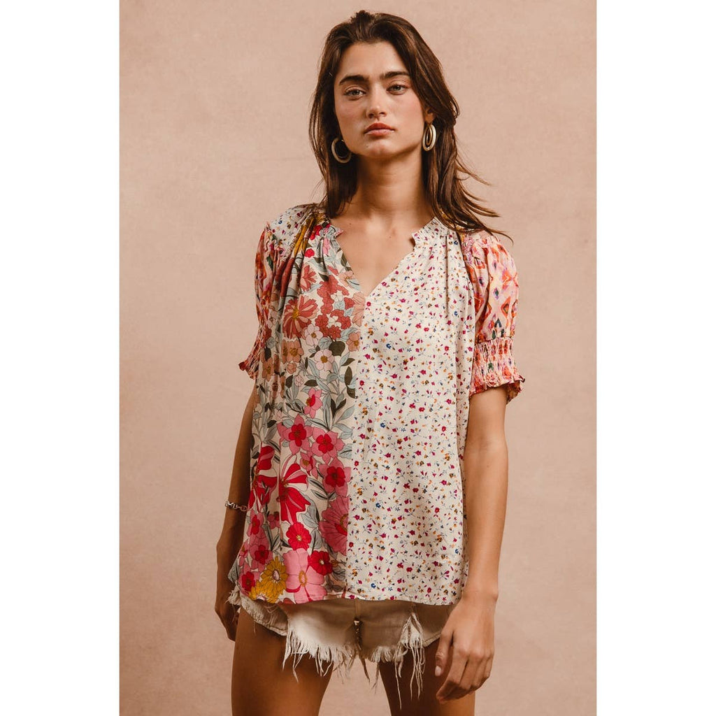 Woven Mixed Print Peasant Top