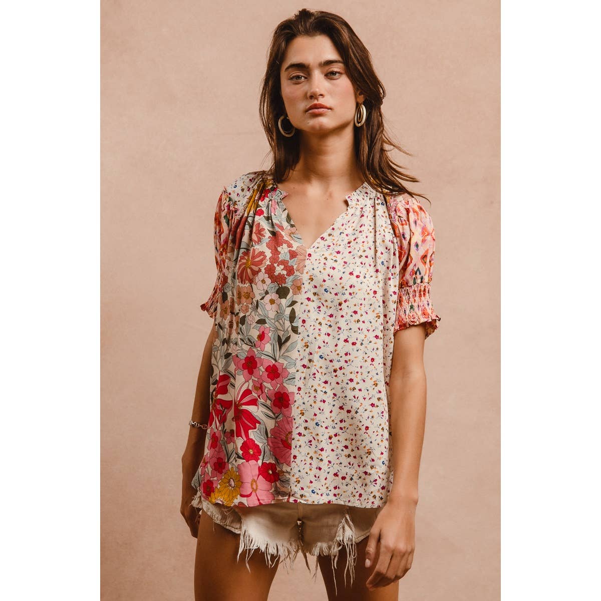Woven Mixed Print Peasant Top