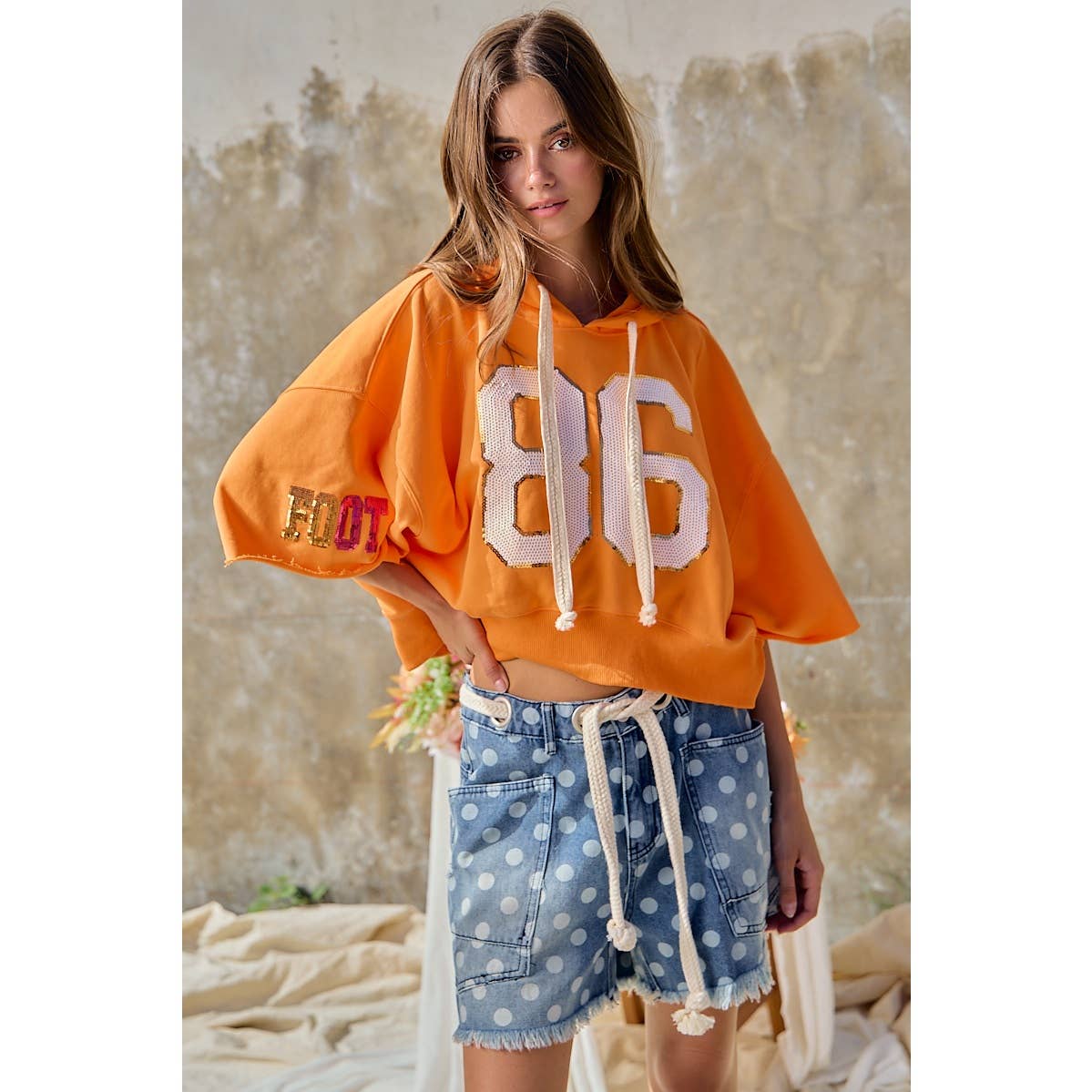 Polka Dot Printed Denim Shorts With Belt