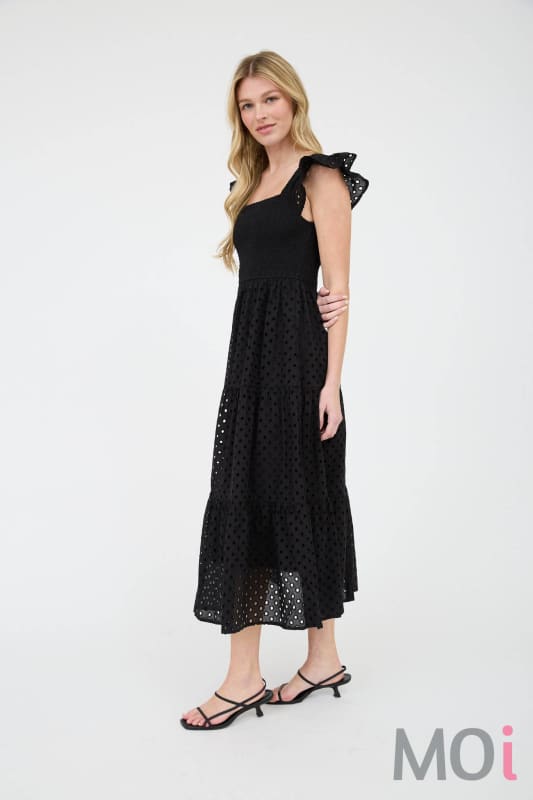 Eyelet Square Neck Smocked Tiered Midi Dress