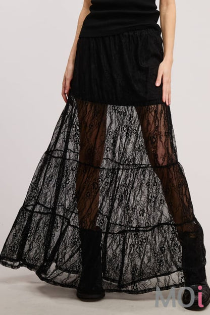 Tiered Floral Lace Maxi Skirt with Lining