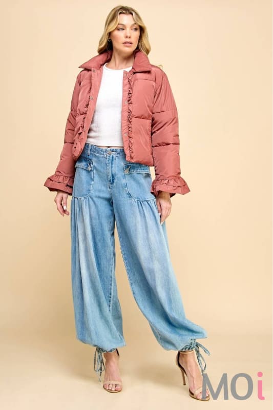 Ankle Drawstring Wide Denim Pants