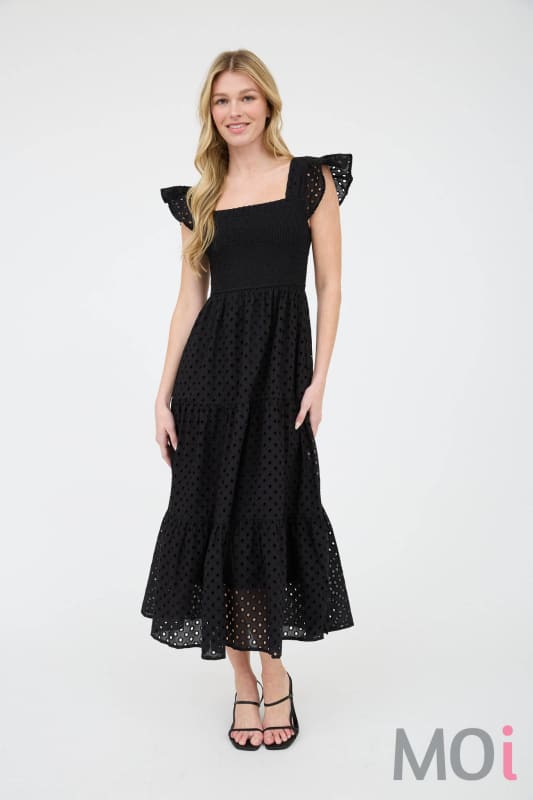 Eyelet Square Neck Smocked Tiered Midi Dress