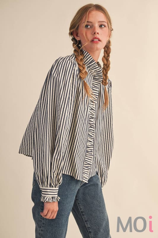 Striped Ruffle Button Down in Black
