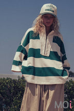 Oversized Half Zip Bold Stripe Statement Pullover Sweatshirt