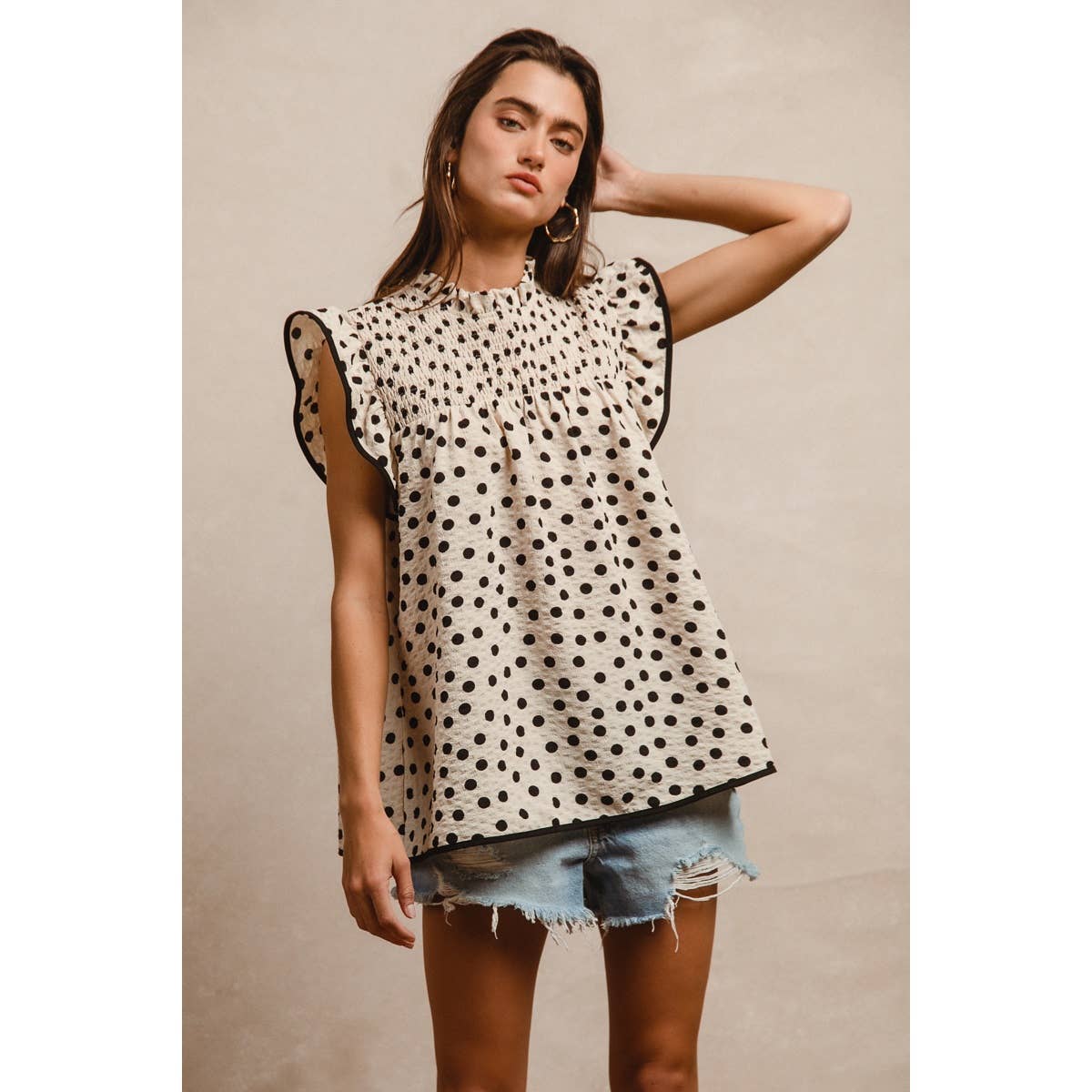 Dot Printed Smocked Yoke Top