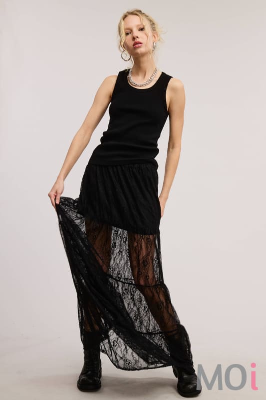 Tiered Floral Lace Maxi Skirt with Lining