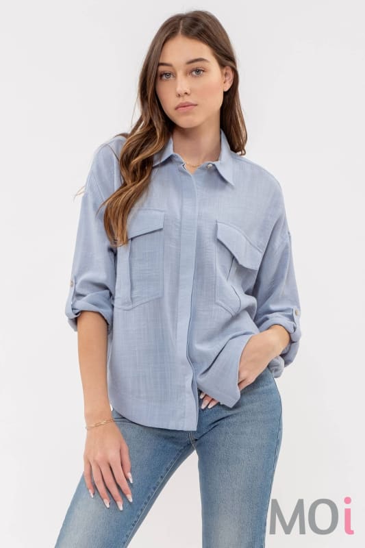 LIGHTWEIGHT COLLARED BUTTON DOWN 3/4 SLEEVE SHIRT