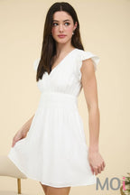 Shirred Waist Ruffle Sleeve Mini Dress