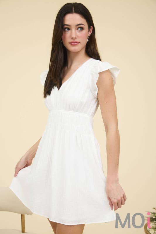 Shirred Waist Ruffle Sleeve Mini Dress