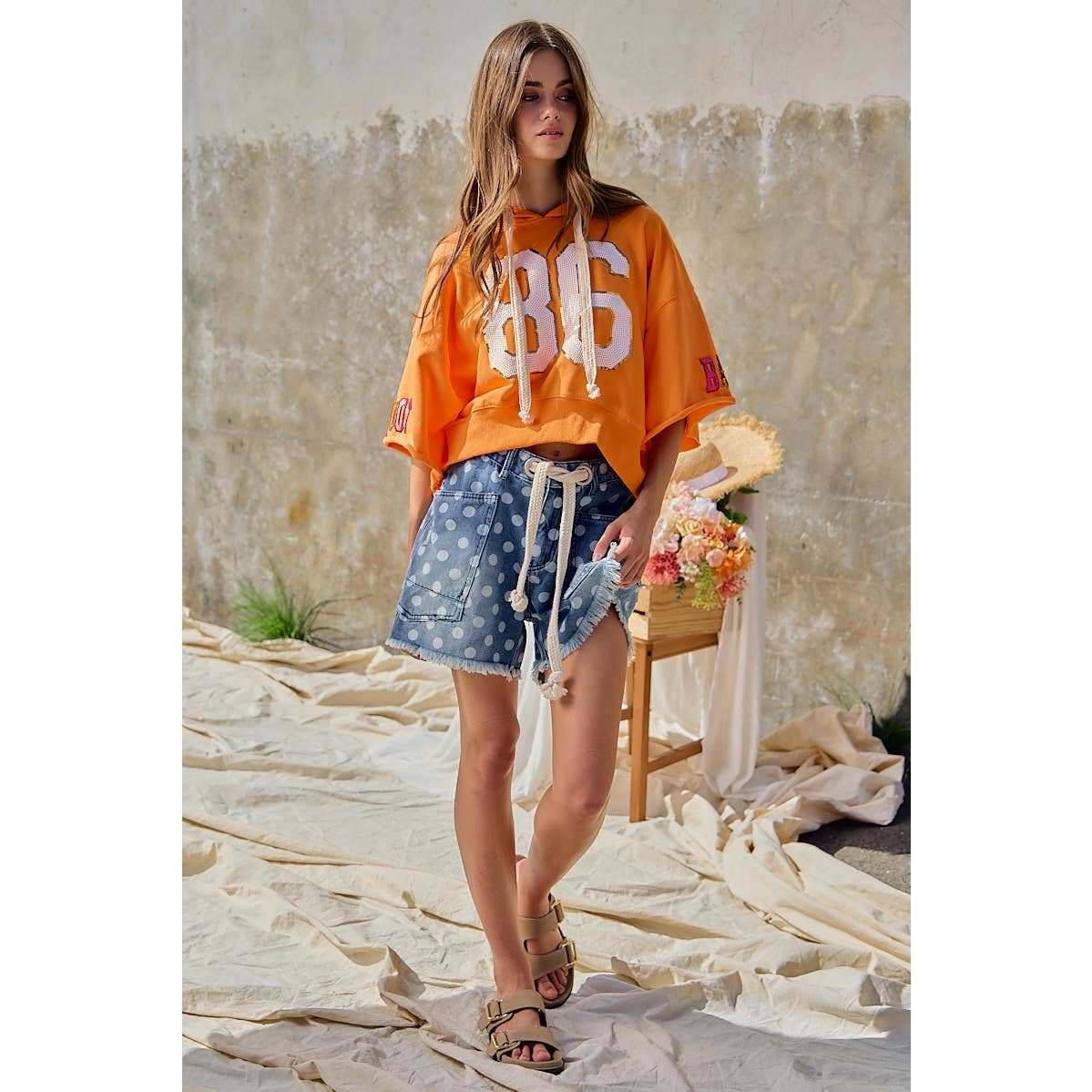 Polka Dot Printed Denim Shorts With Belt