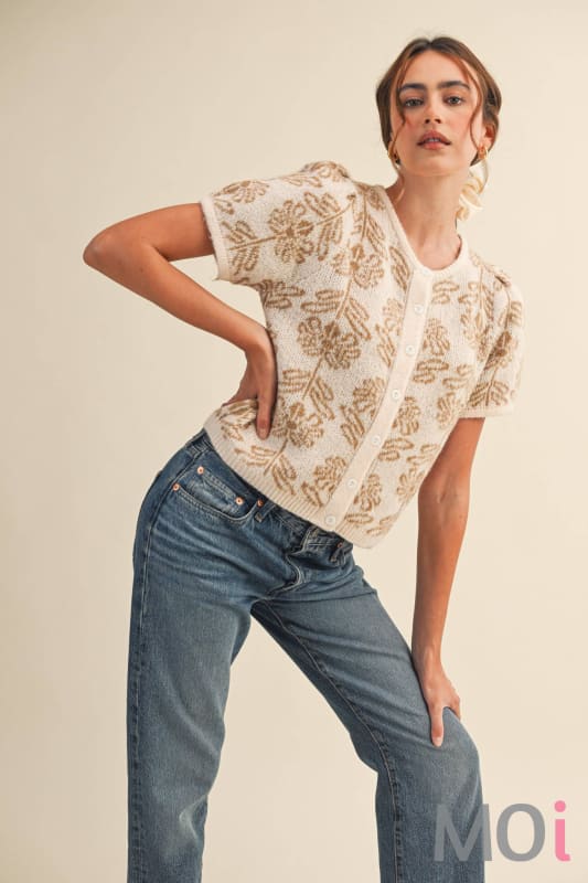 Floral Puff Sleeve Sweater Cardigan