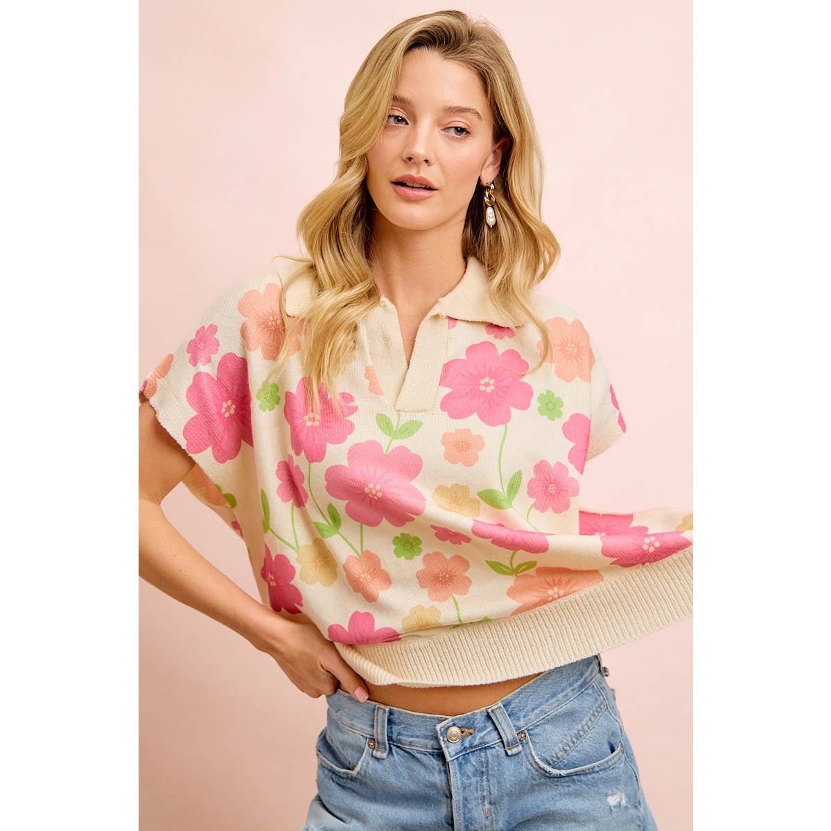 Flower Detail Top With Collar