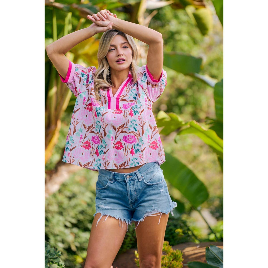 Flower Printed Woven Contrast Top