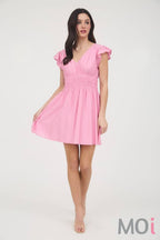 Shirred Waist Ruffle Sleeve Mini Dress