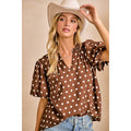 POLKA DOT PRINTED WOVEN RUFFLED V NECK TOP