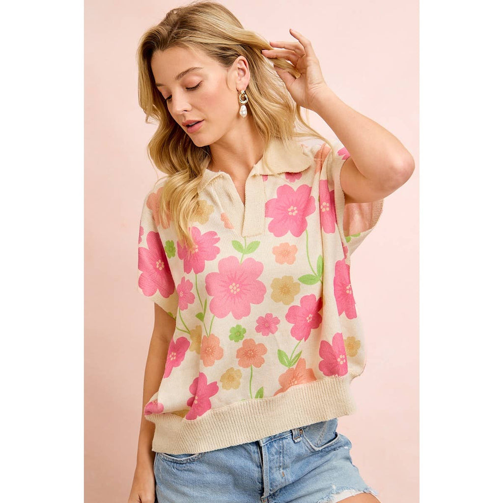Flower Detail Top With Collar