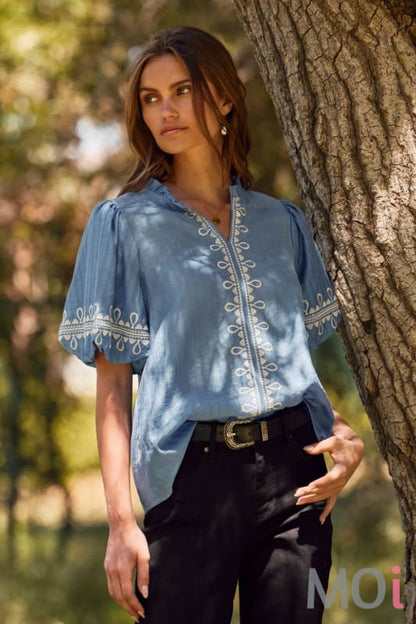 Solid Embroidered Short Bubble Sleeve Blouse