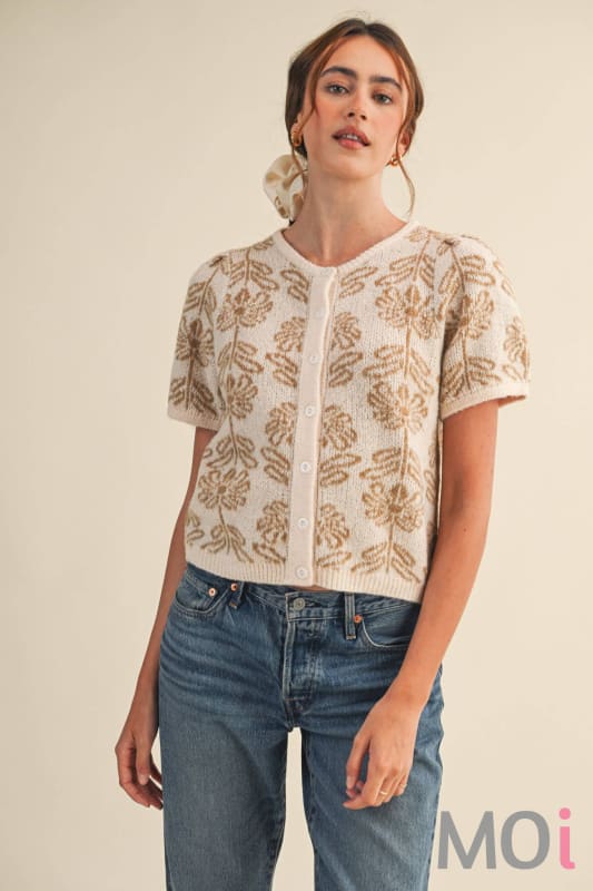 Floral Puff Sleeve Sweater Cardigan