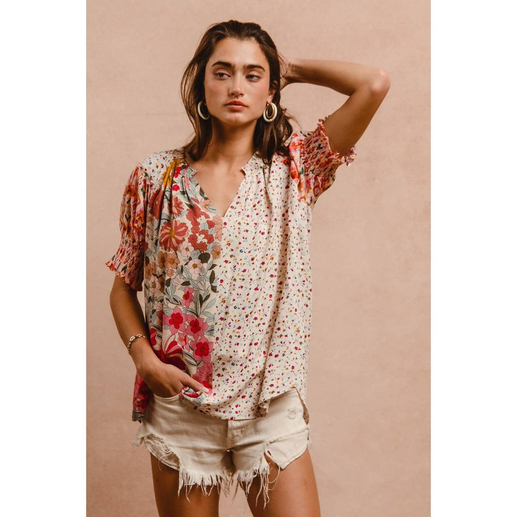 Woven Mixed Print Peasant Top