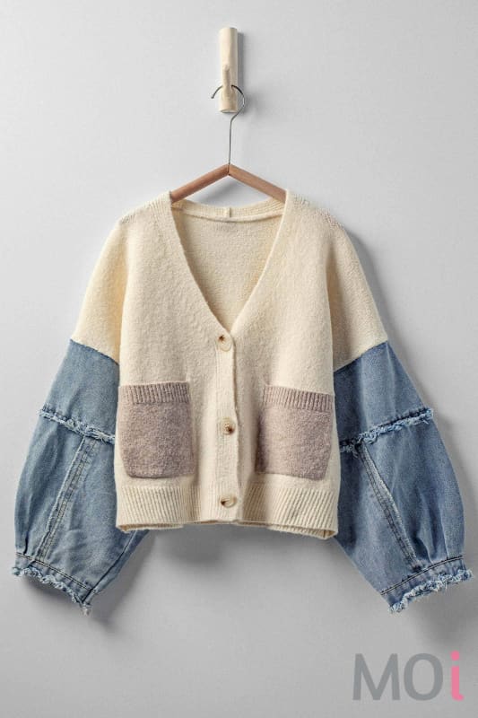 Denim Sleeve Knit Cardigan Casual Sweater Top