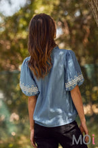 Solid Embroidered Short Bubble Sleeve Blouse