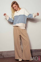 Colorblock Distressed Denim Patchwork Knit Sweater