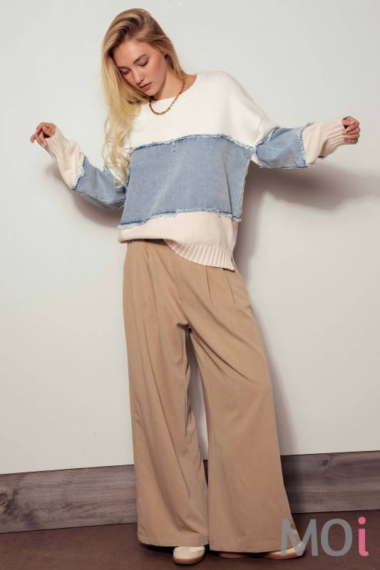 Colorblock Distressed Denim Patchwork Knit Sweater