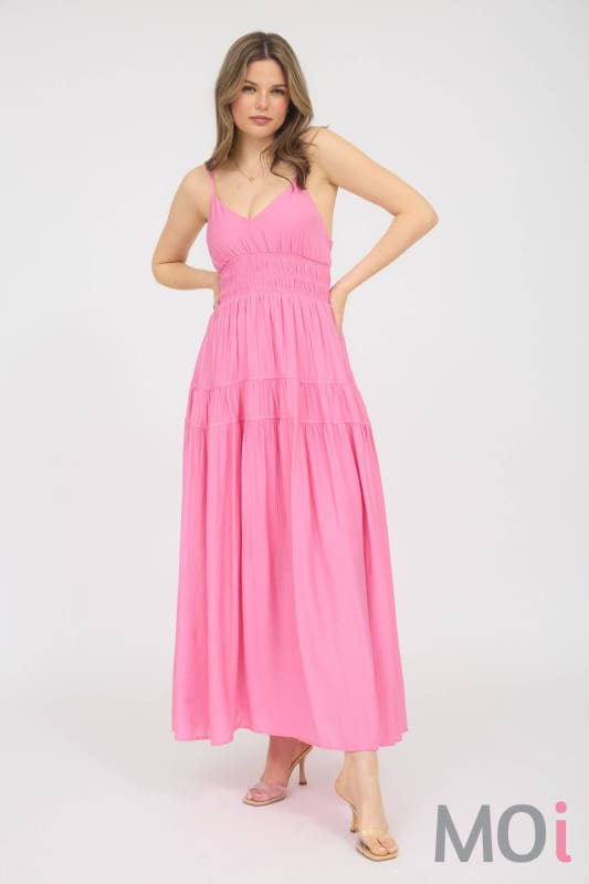 V NECK SHIRRED WAIST SLEEVELESS MIDI DRESS