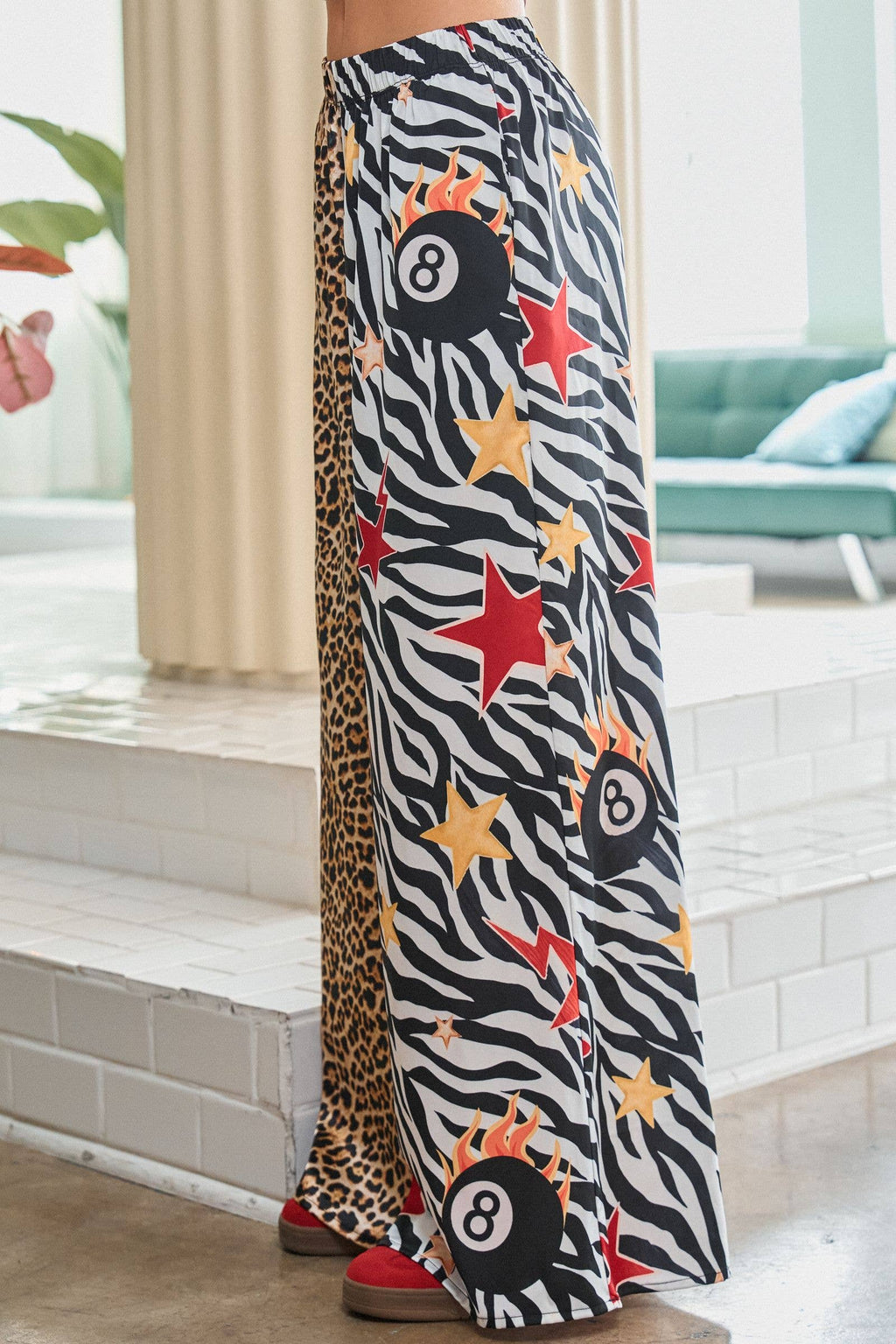 Leopard and Zebra Mixed Print Wide Leg Pants