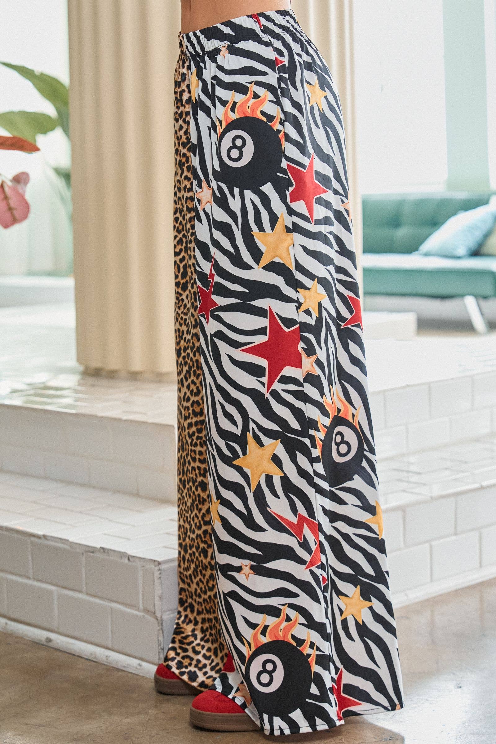 Leopard and Zebra Mixed Print Wide Leg Pants