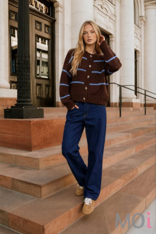 Stripe Jacquard Button Down Knit Cardigan