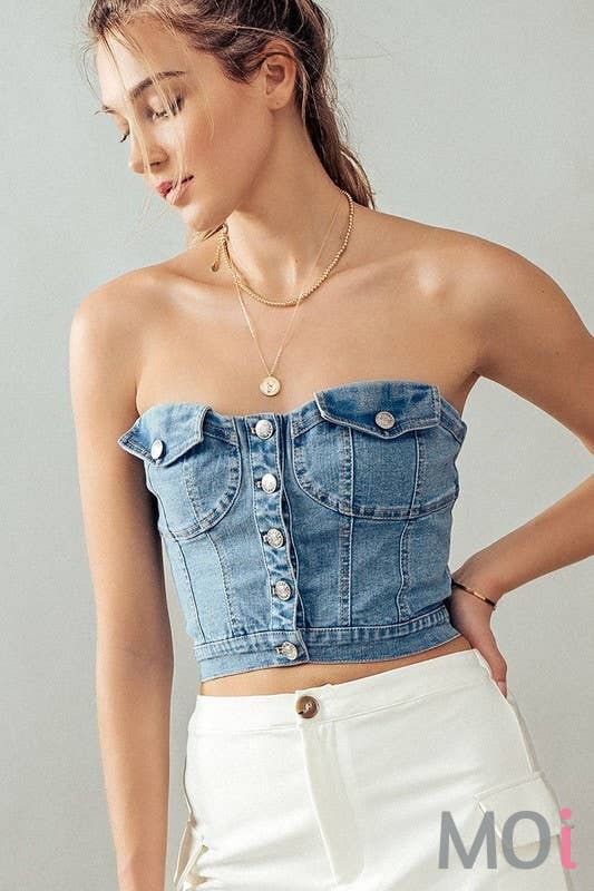 BUTTON FRONT DENIM CROP TUBE TOP