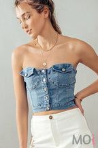 BUTTON FRONT DENIM CROP TUBE TOP