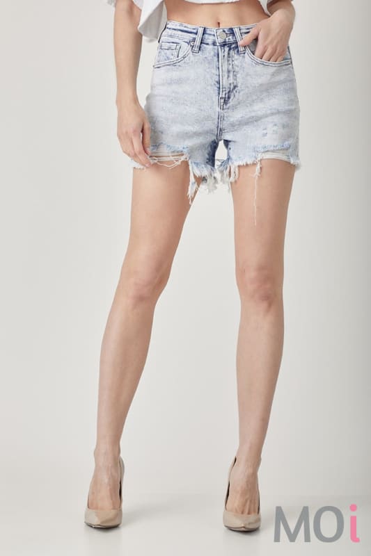 RISEN Raw Hem Distressed High Rise Denim Shorts