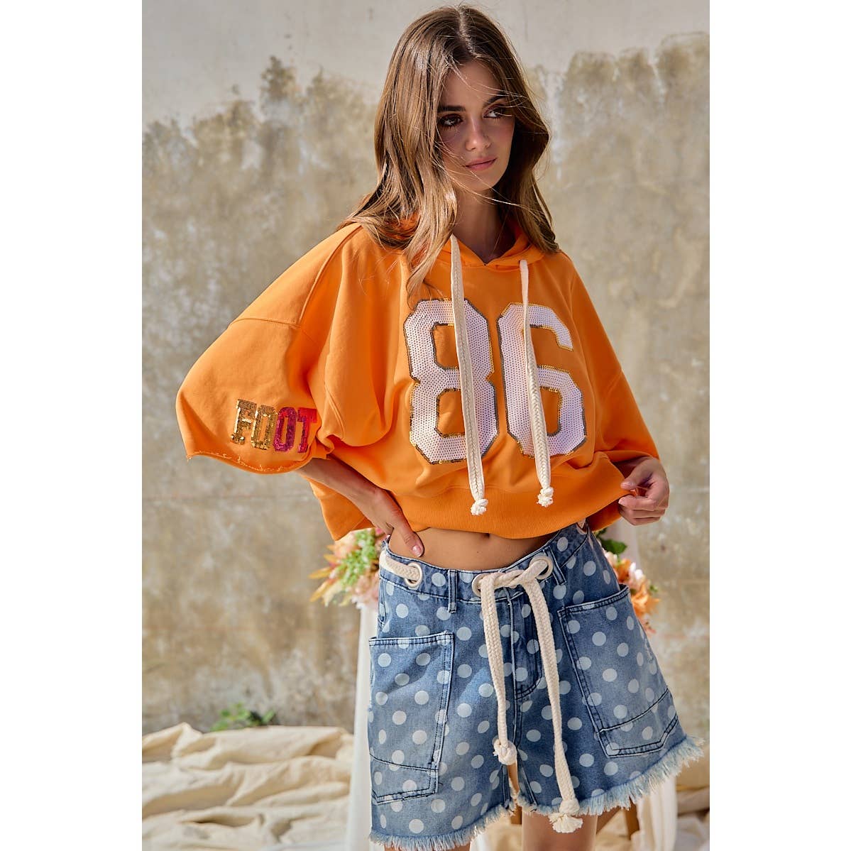 Polka Dot Printed Denim Shorts With Belt