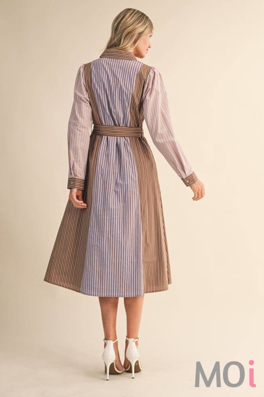 Mixed Stripe Belted Midi Dress