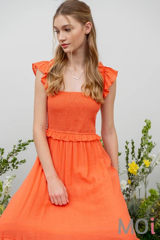 FLUTTER SLEEVE SMOCKED MIDI DRESS