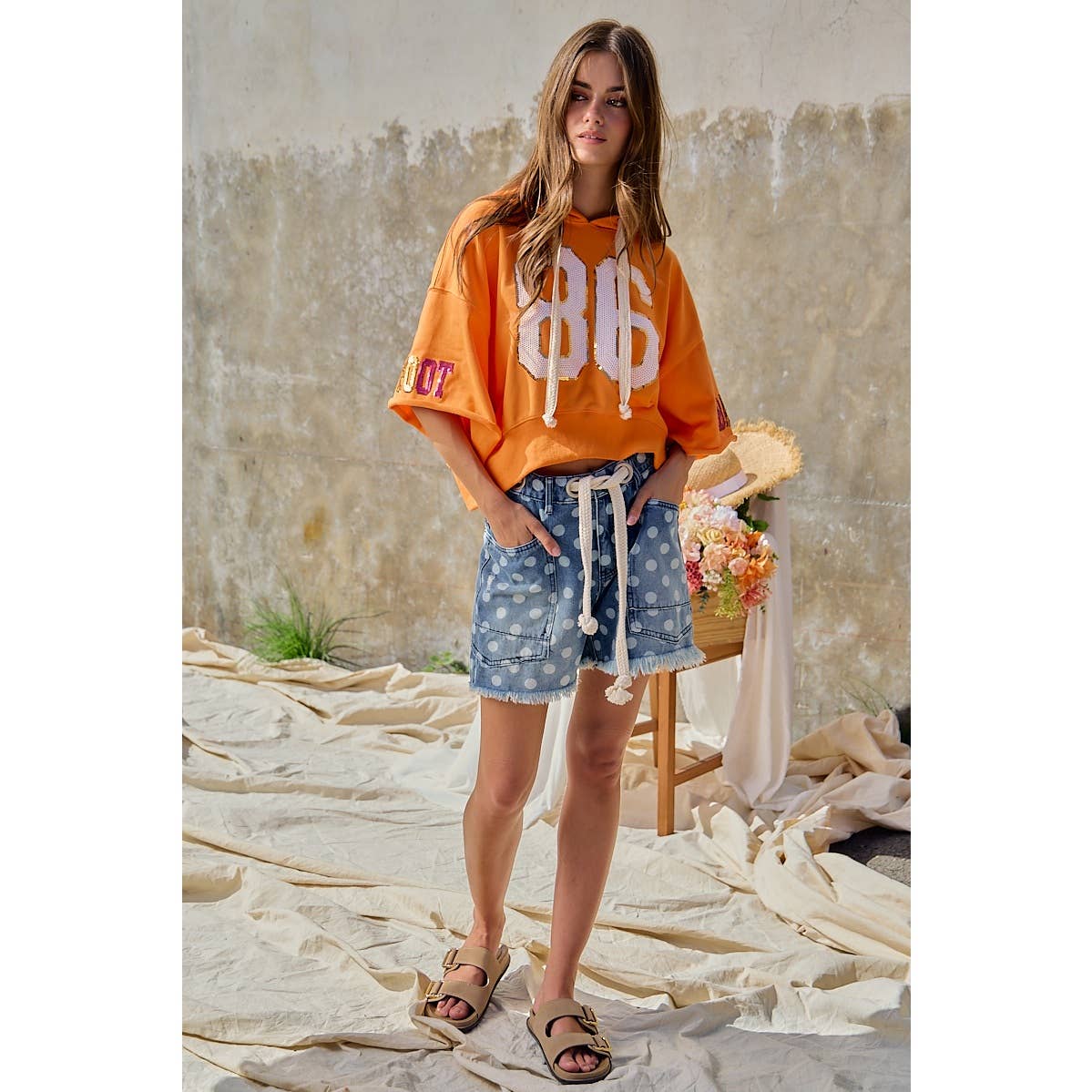 Polka Dot Printed Denim Shorts With Belt