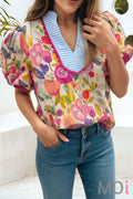 Floral Bubble Sleeve Contrast Scallop Striped Blouse