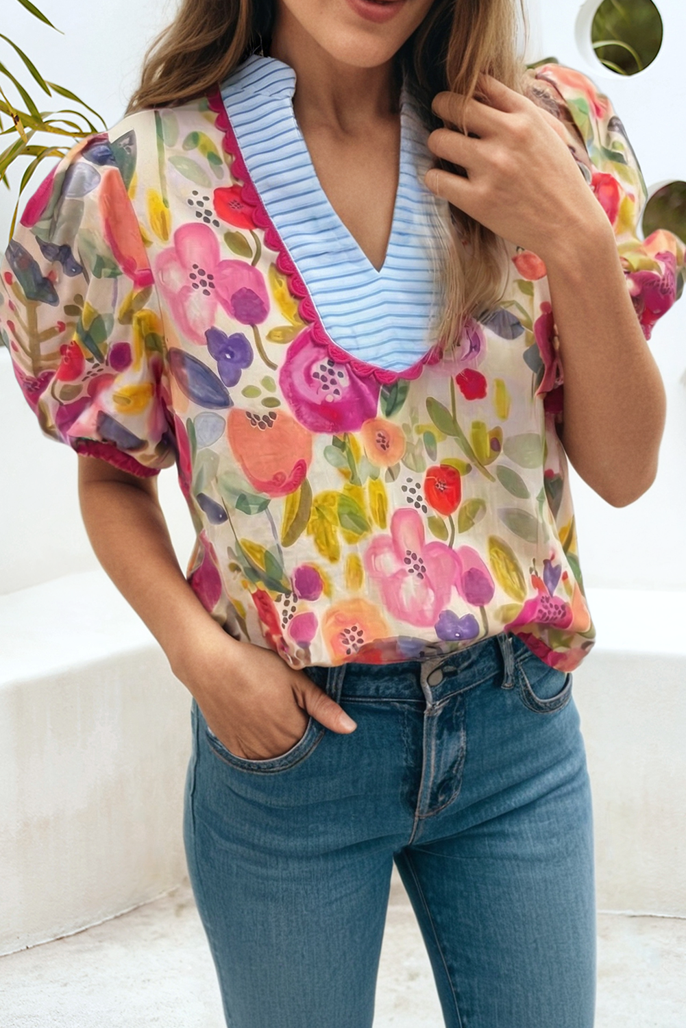 Floral Bubble Sleeve Contrast Scallop Striped Blouse