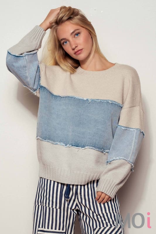 Colorblock Distressed Denim Patchwork Knit Sweater